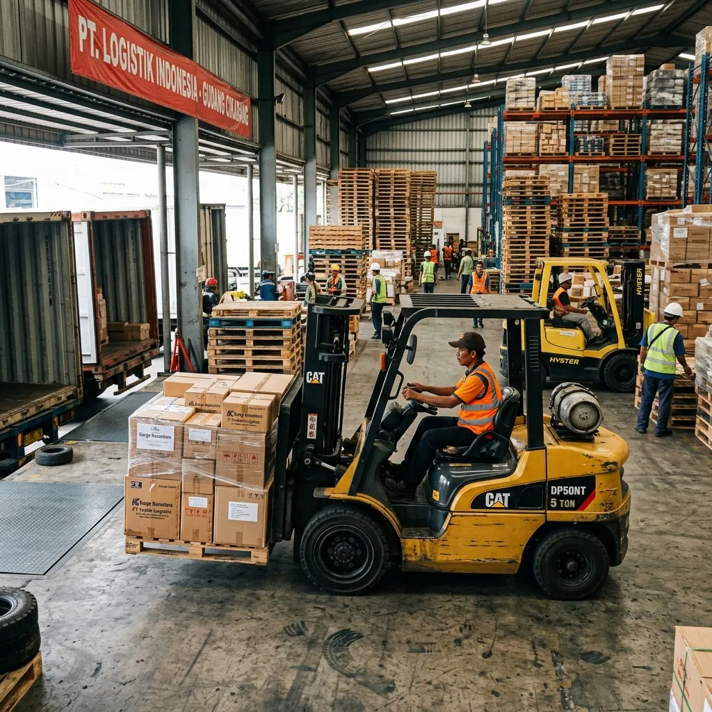 Proses penurunan barang logistik menggunakan Forklift Diesel 5 Ton Satria Mandiri Forklift di pergudangan Gedebage Bandung