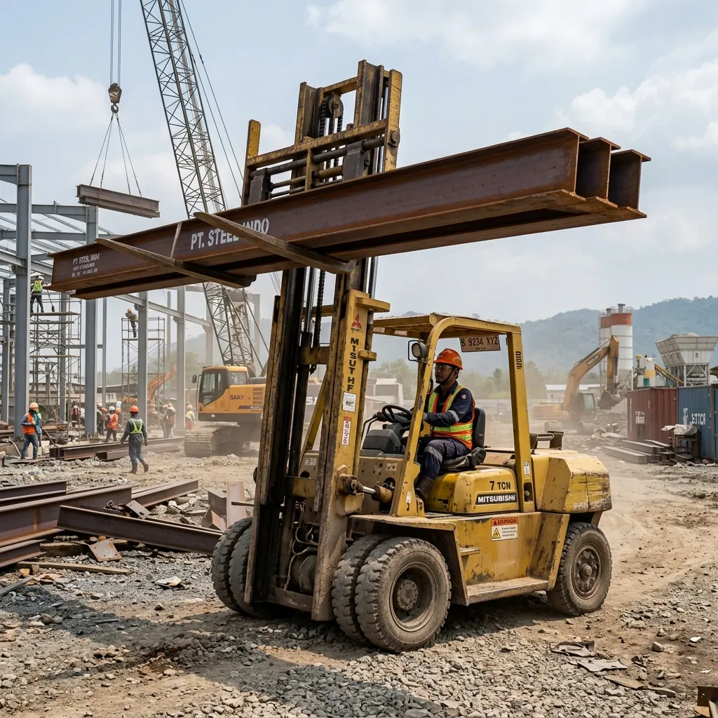Rental Forklift Heavy Duty 7 Ton untuk proyek konstruksi baja di Batujajar Bandung Barat